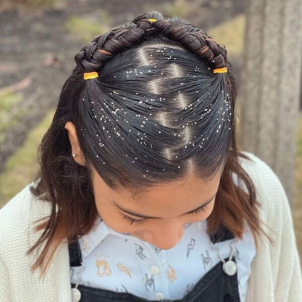 Half Crochet Rubber Band Braids a woman wearing denim jumper with white polo.