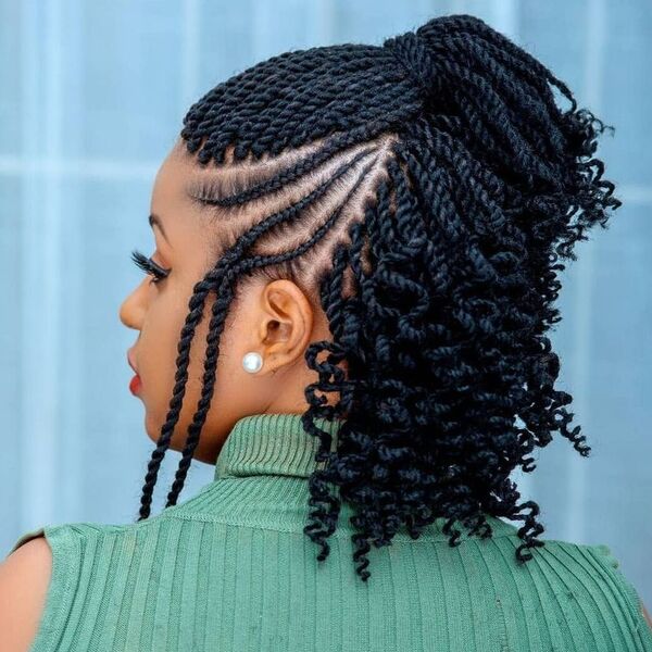 High Pony Feed In Kinky Twists - a woman wearing green turtle neck top.