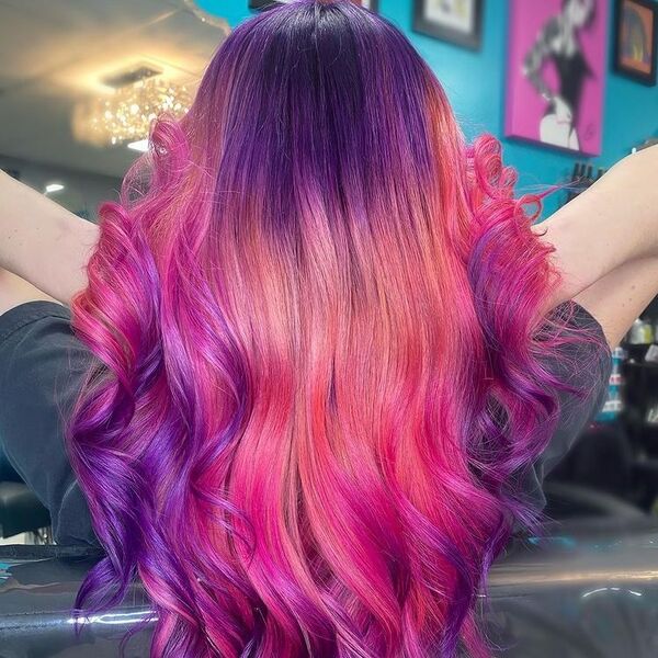 Combine Purple Pink and Orange Hair - a woman wearing black shirt.