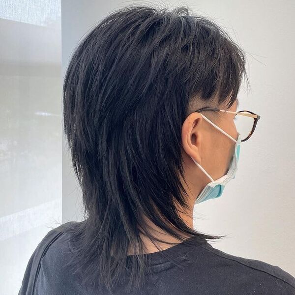 Feathery Mullet Hairstyle - a woman wearing black shirt, mask and glasses.
