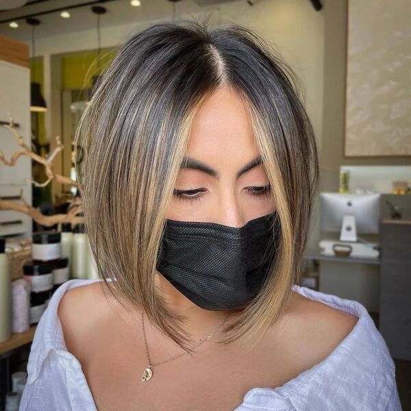Middle Parted Wedge Cut with Balayage - a woman wearing white polo top with mask