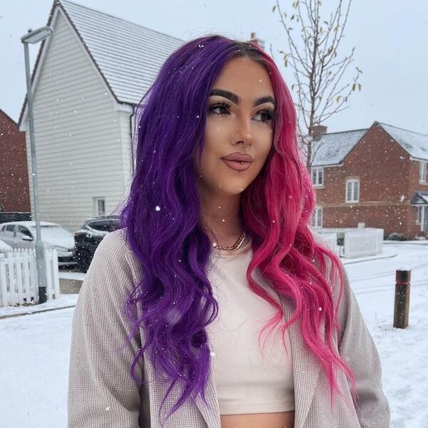 Split Pink and Purple Hair - a woman wearing crop top with sweater.