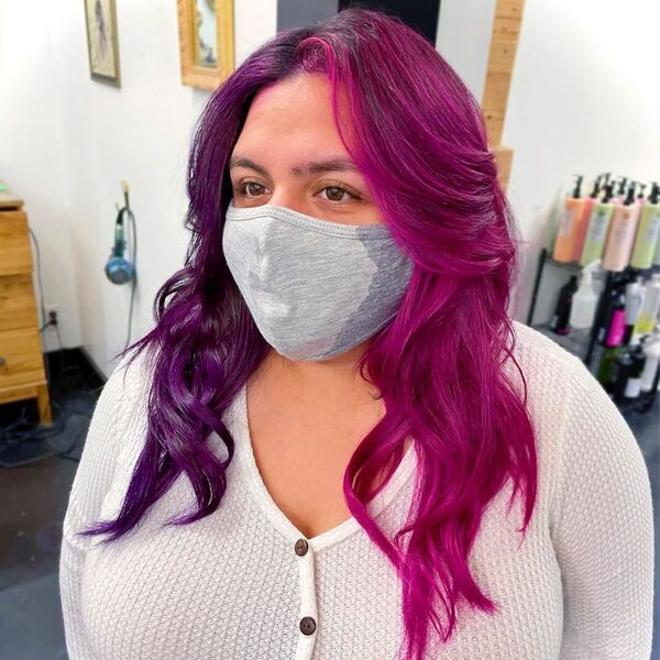 Vivid Split Purple Pink Hair for Chubby Women - a woman wearing white cardigan.